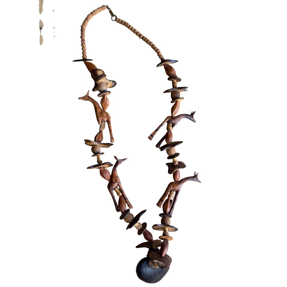 Vintage Hand Carved Wooden Giraffe Safari Bead‎ Necklace Brown Boho Statement